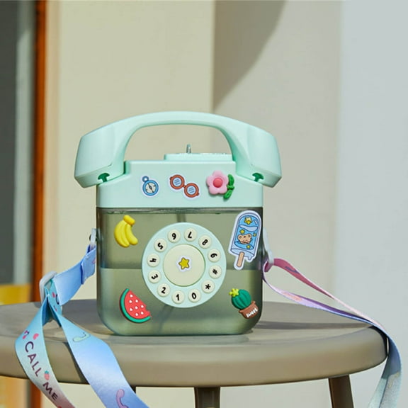 JingChun 400ML Creative Retro Telephone Shape Water Bottle with Adjustable Shoulder Strap, Kawaii Leak Proof Drinking Bottles with 3D Sticker Suitable for Outdoor
