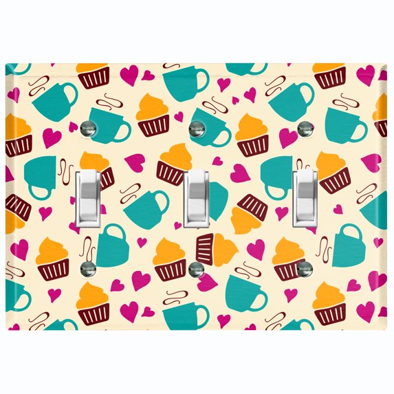 Metal Light Switch Wall Plate Outlet Cover (Coffee Espresso Mocha Cup Heart Cupcake Pattern Beige - Triple Toggle)