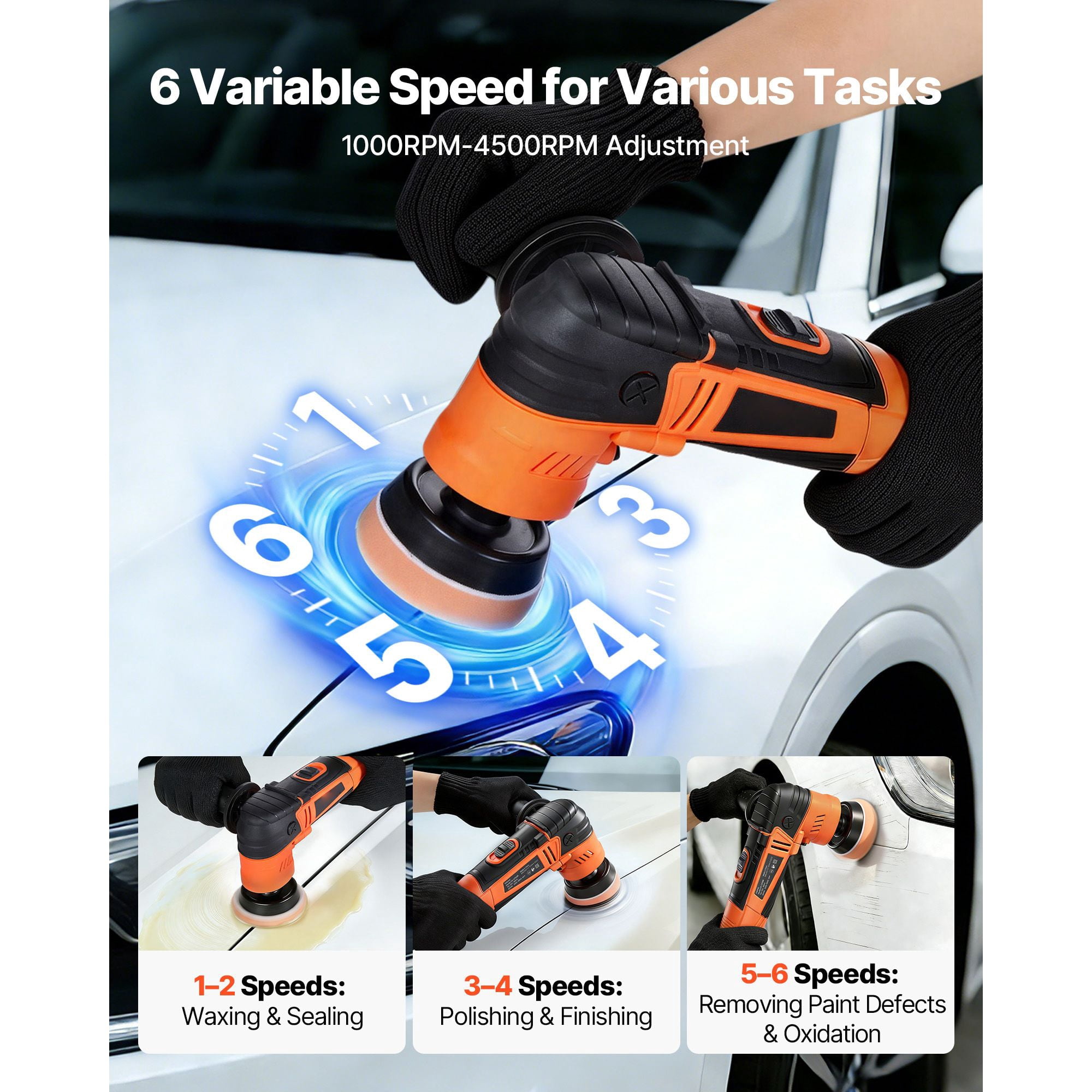 600W Rotary Car Buffer Polisher, 1.2/2/3 Inch Pads, 6 Variable Speeds 1000-4500RPM for Auto Detailing Waxing Polishing Scratch eliminate