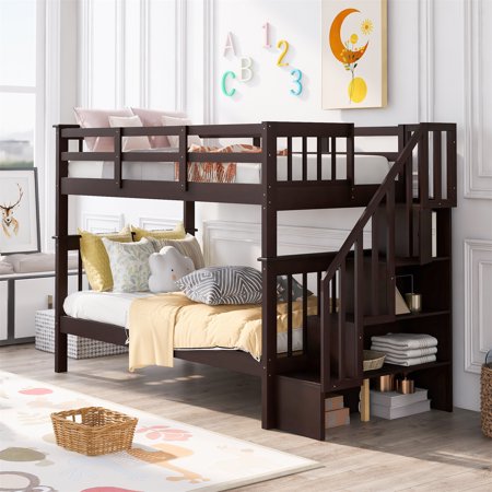 Twin Over Twin Bunk Bed with Storage Stairs  Solid Wood Bunk Bed Frame with 4 Storage Shelves and Full-Length Guardrail Convertible Stairway Bunk Bed for Girls Boys  No Box Spring Needed  Espresso