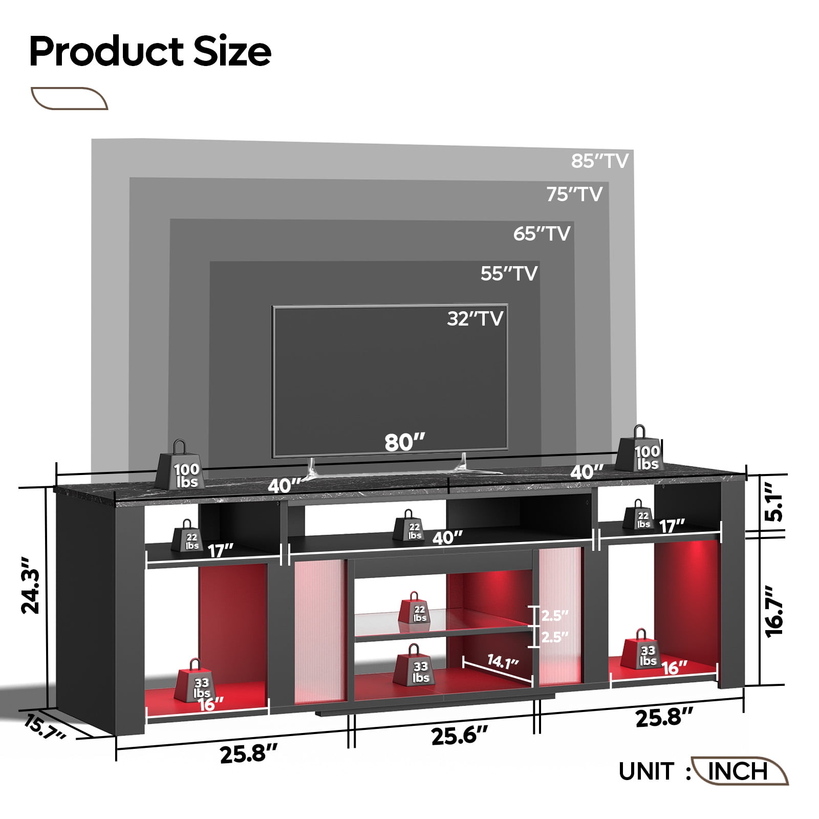 Bestier TV Stand for TVs Up to 85",Modern Entertainment Center for Living Room/Gaming Room,with Deep Storage Cabinet & Adjustable Shelves, Dynamic LED Lights,Black