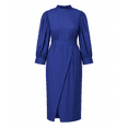 thumbnail image 2 of Plus Size Faux Denim Wrap Waist Maxi Dress, Puff Sleeve Mandarin Collar Front Slit Casual Semi-Formal Dress, 2 of 6