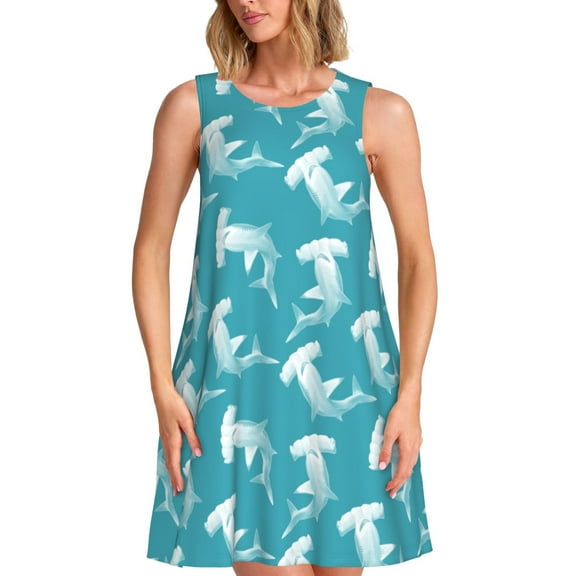 Spring Summer Dresses for Women 2025 - Blue Hammerhead Shark Swimsuit Coverup Sundresses for Women, Beach Vacation Clothes for Women, Hawaiian Tshirt Dresses for Women