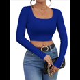 thumbnail image 2 of Tops Cortos de Larga para Mujer, con Cuello Cuadrado Acanalado, Ajustados, Informales, A para Dama Azul Real L, 2 of 9