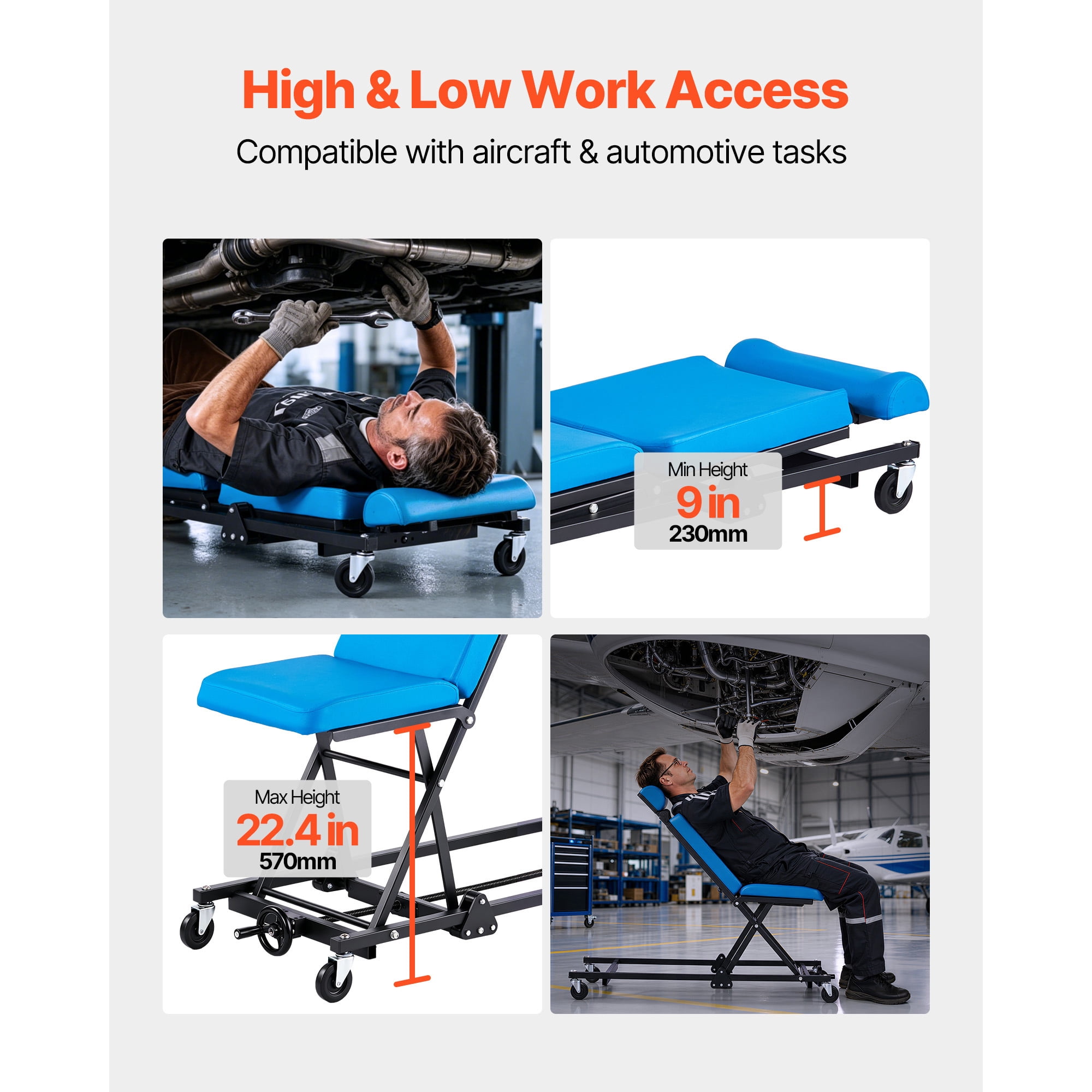 KFFKFF 48 in Adjustable Height Mechanic Creeper, 570 lbs Capacity Rolling Garage Seat with Backrest & Headrest, Cushioned Chair for Vehicle and Aircraft Maintenance