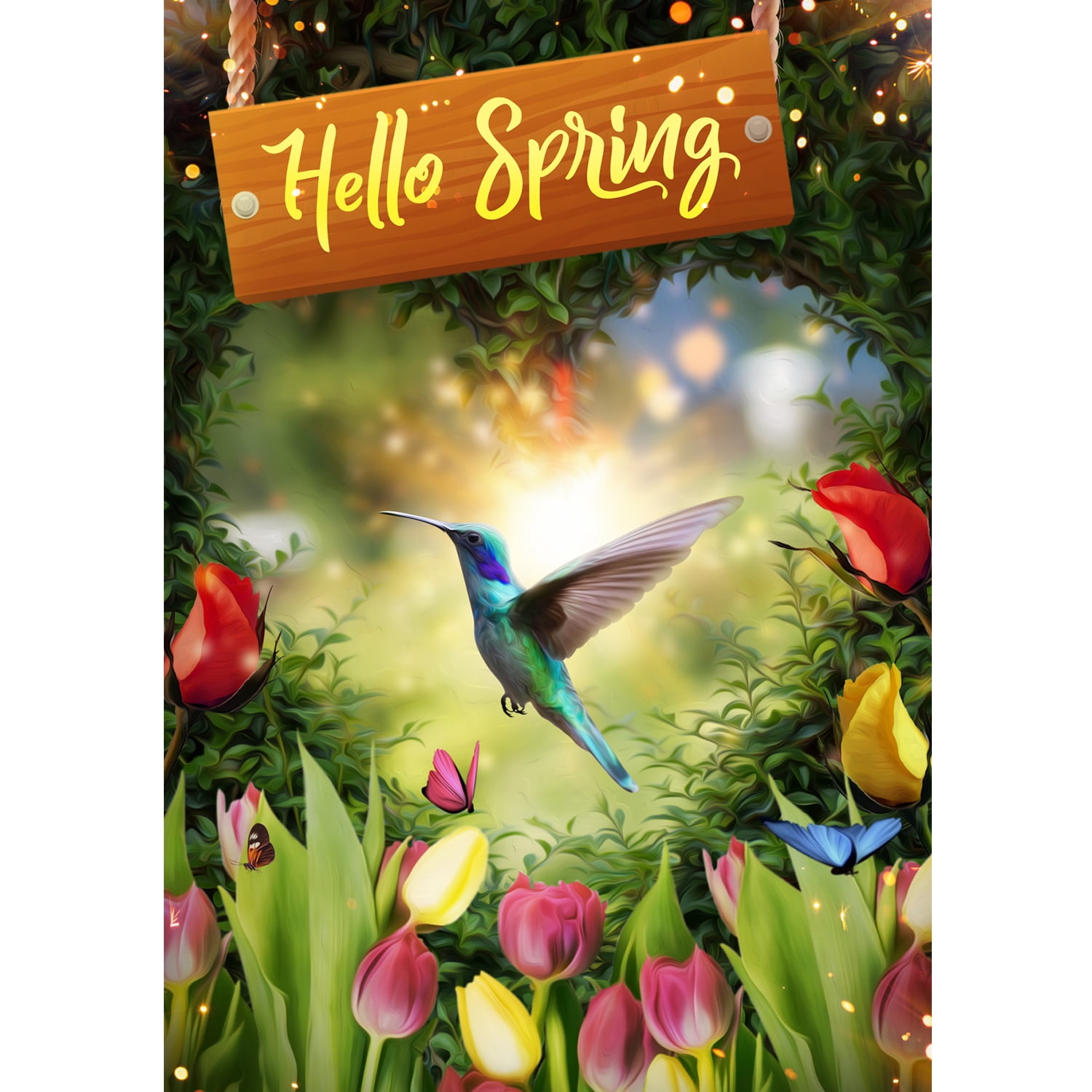 America Forever Hello Spring House Flag 28 x 40 inches Double Sided Summer Bird, Colorful Flowers, Tulip - Seasonal Yard Lawn Outdoor Decorative Summer Hummingbird House Flag