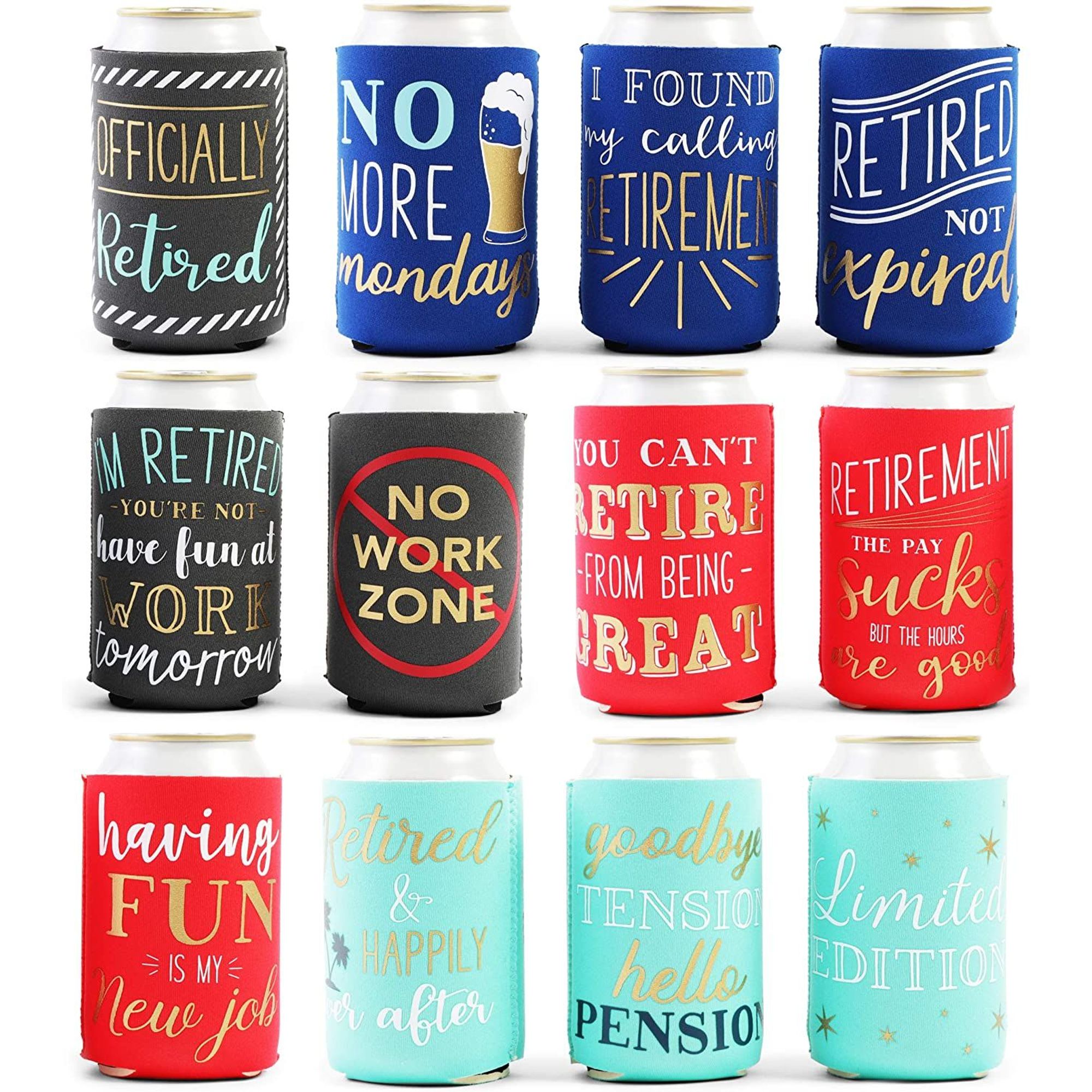 12Pack Retirement Neoprene Can Cooler Sleeves, Beer Koozies for Family