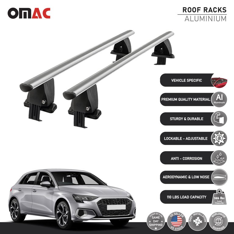 OMAC Roof Rack Cross Bars Lockable, Luggage Carrier Smooth Silver