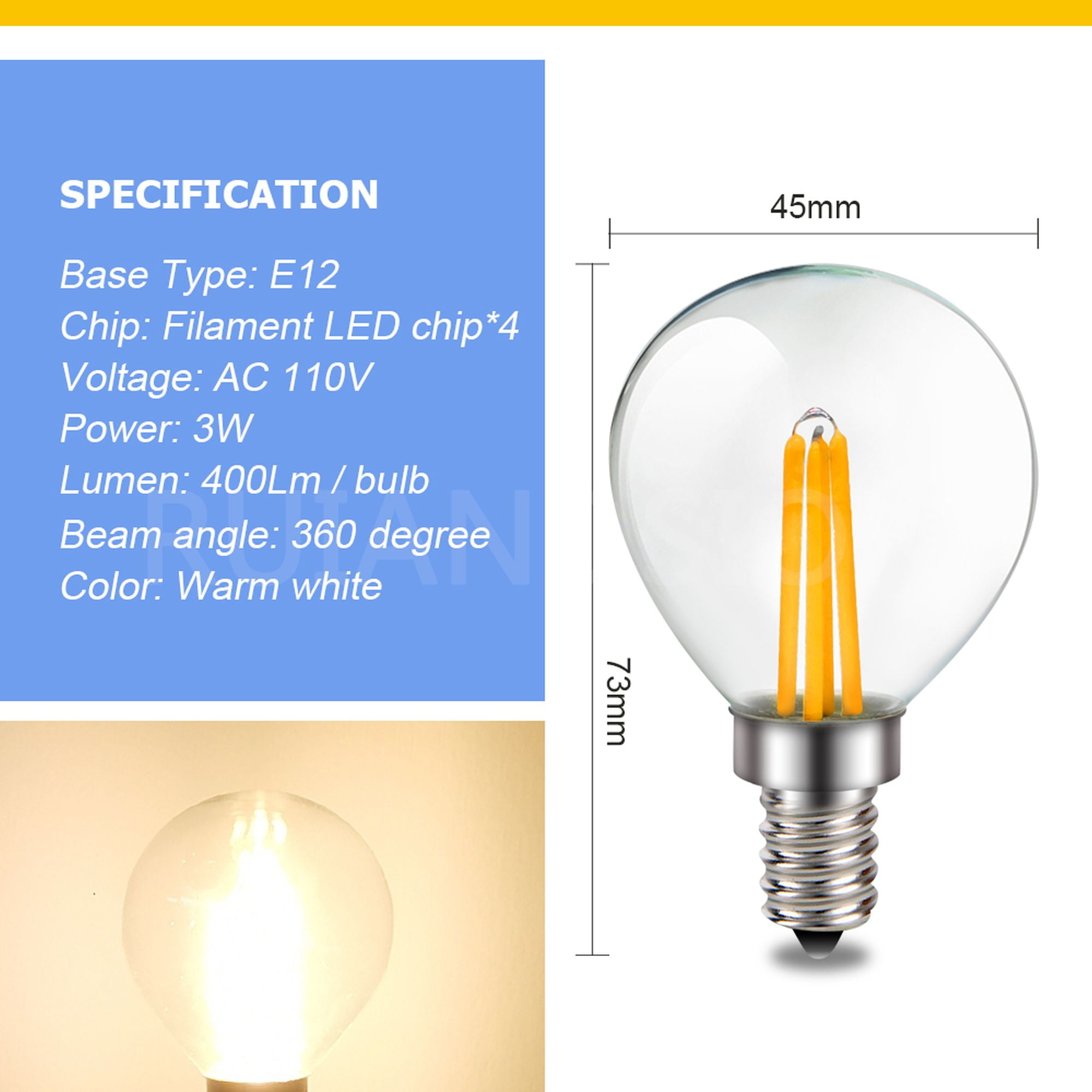 Ruiandsion E12 LED Vintage Bulb Warm White 4 Filaments 400LM 3W 110V for Bedroom Lamp Ambience Dining Festival Decor,(pack of 10)