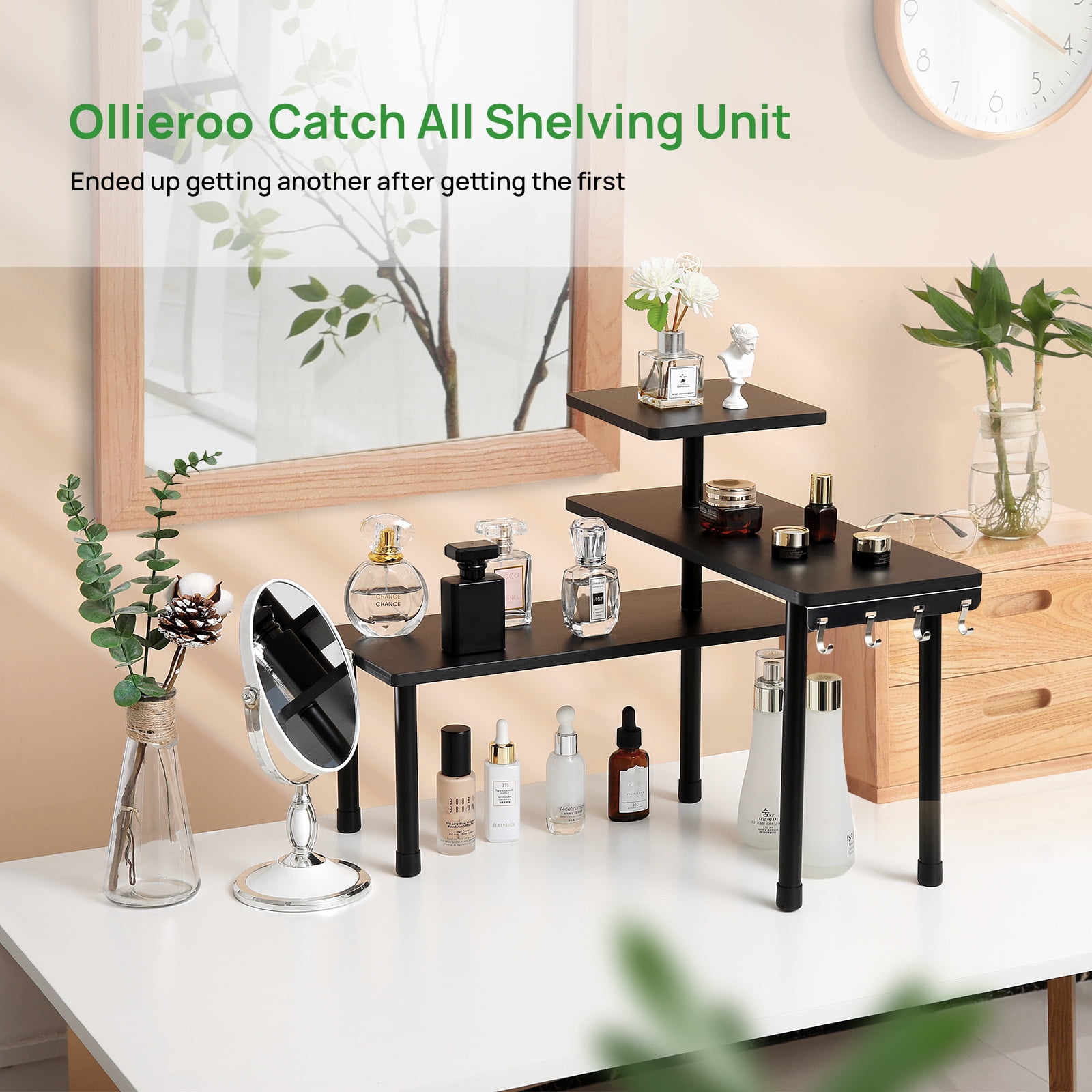 Ollieroo 3 Tier Kithen Countertop Organizer,Bamboo Corner Shelf,Bathroom Storage Display Counter Shelves for Make Up,Dresser Table with Hooks,Black