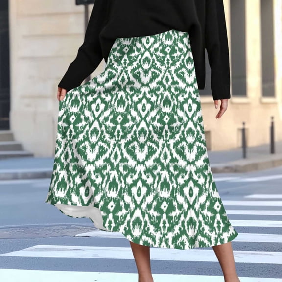 Summer Maxi Skirts for Women Satin Fashion Boho Long Skirt Trendy Floral High Waist A Line Beach Skirt Vacation Outfit Army Green M