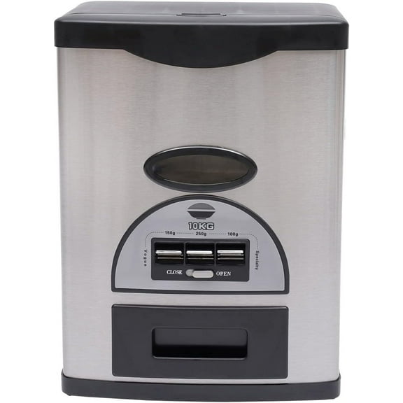 10Kg/22Lb Auto Rice Dispenser, Black Dispenser Three Gears Measuring Rice Storage Container Stainless Steel Rice Organization with Grains Tray Cone-Shaped Funnel Design