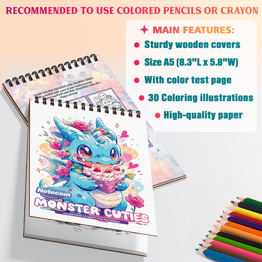Netecom Monster Cuties Coloring Book Spiral Bound for Adults, A5 Wooden Cover, 30 Adorable Monsters Coloring Pages of Fanciful World for Stress Relief and Relaxation