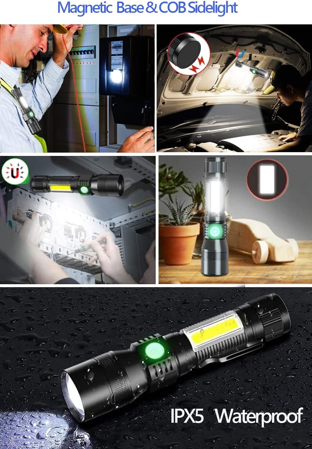 2000Lumen LED Light UV Flashlight, 3 in1 Super Bright Pocket with COB Flashlight for Pet Stains Detection,7Modes, IPX6 Waterproof,Zoomable for Camping,Hiking,Outdoor