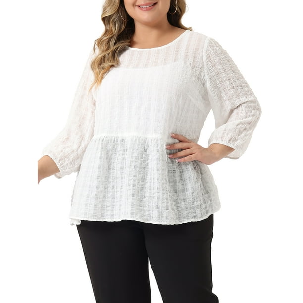 Blusa de peplum con volantes y cintura ajustada de manga 3/4 para mujer de tallas grandes Agnes Orinda 2X blanca
