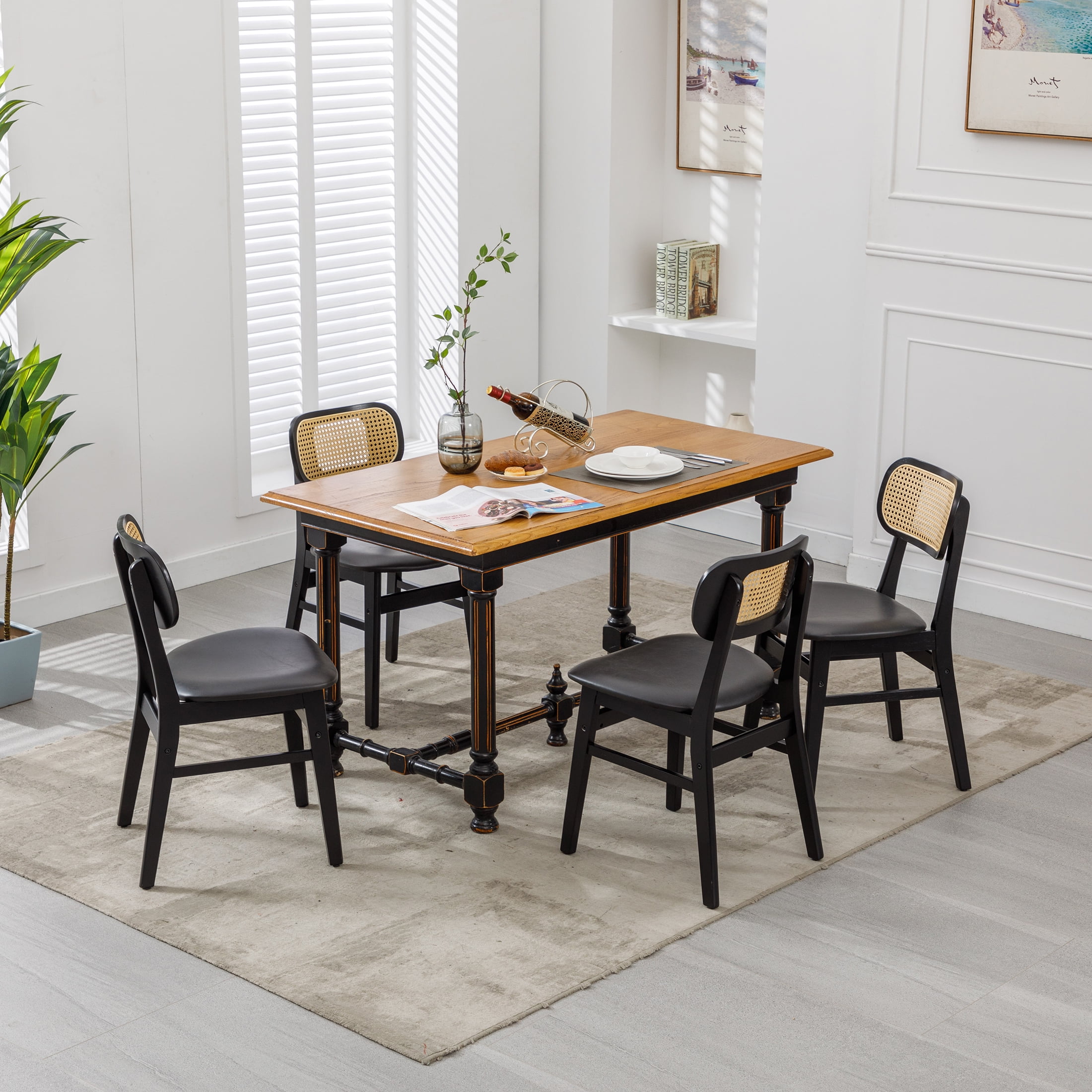 Guyou Rattan Dining Chairs Set of 6, Farmhouse Black Wooden Dining Side Chairs, Mid Century Modern Faux Leather Upholstered Kitchen Chairs with Cane Back for Dining Room Kitchen Living Room, Black