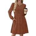 thumbnail image 2 of CharmCyan Women's Long Sleeve Pleated Round Neck Solid Color Casual Dress With Pockets Brown 2XL, 2 of 5