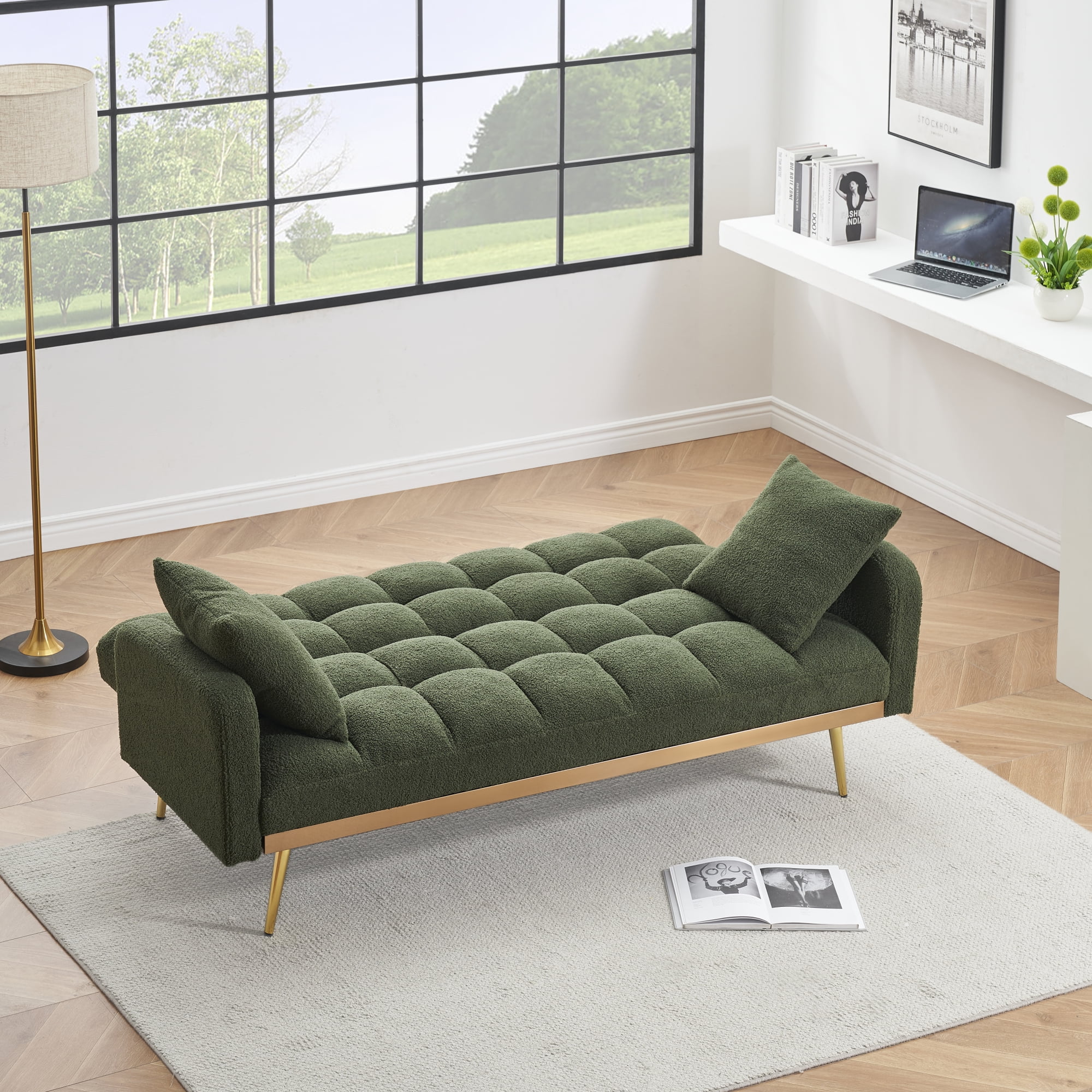 Convertible Futon Sofa Bed,69 Inch Modern Teddy Loveseat Sofa Couch with Adjustable Backrest for Small Space,Living Room,Green
