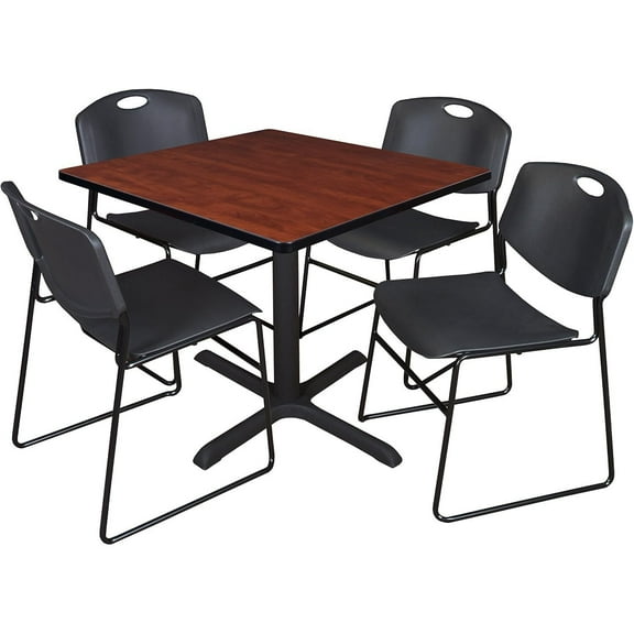 HomeStock Rustic Romance 42" Square Breakroom Table- Cherry & 4 Zeng Stack Chairs- Black, Ideal for Cafeterias, Dining, and Office Spaces