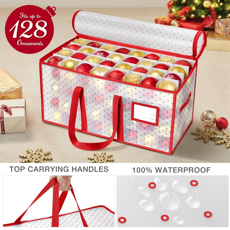 ZOBER Large Christmas Ornament Storage Box - Stores 128 Ornaments  W/Dividers - Non-Woven, Durable Christmas Storage Containers - Dual Zipper  - Red