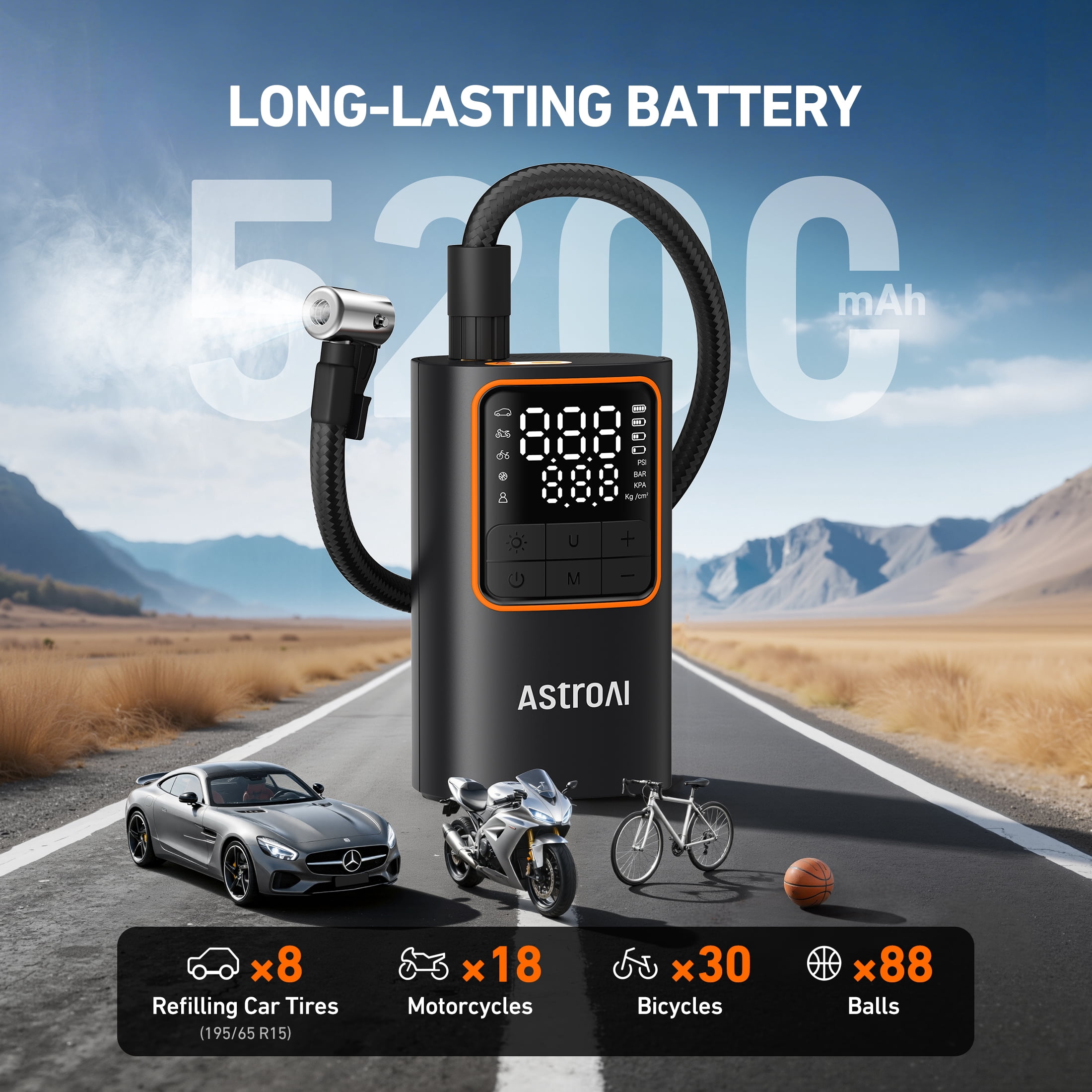 AstroAI Cordless Tire Inflator Portable Air Compressor 150PSI, 12V Air Pump for Car Tires, Rechargeable 5200mAh Bike Tire Pump with LED Light & Digital Pressure Gauge, Auto Shut-Off