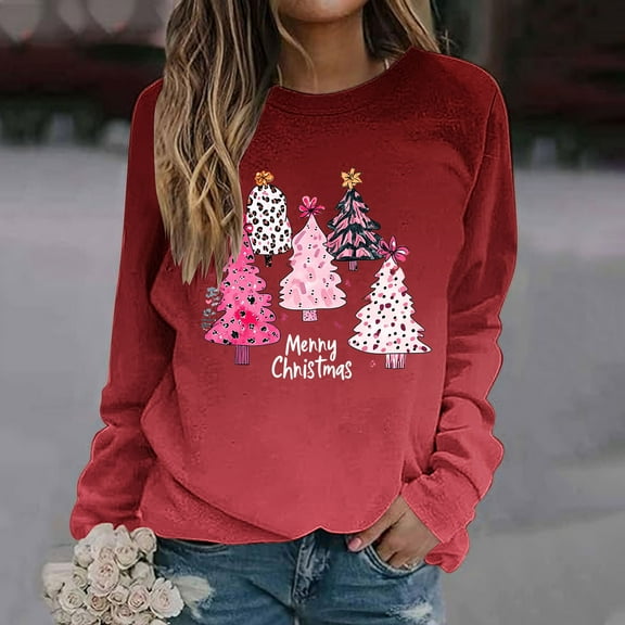 asdoklhq Christmas Shirts for Women Christmas Gradient Print Loose Casual Long Sleeve Round Neck Hoodless Straight Shoulder Sweatshirt Hoodless Sweatshirt Red 4X