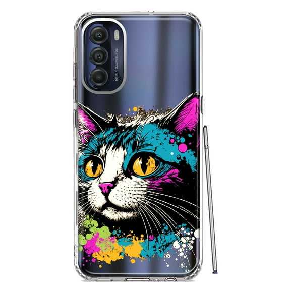 MUNDAZE Motorola Moto G Stylus 4G 2022 Cool Cat Oil Paint Pop Art Shockproof Clear Hybrid Protective Phone Case Cover