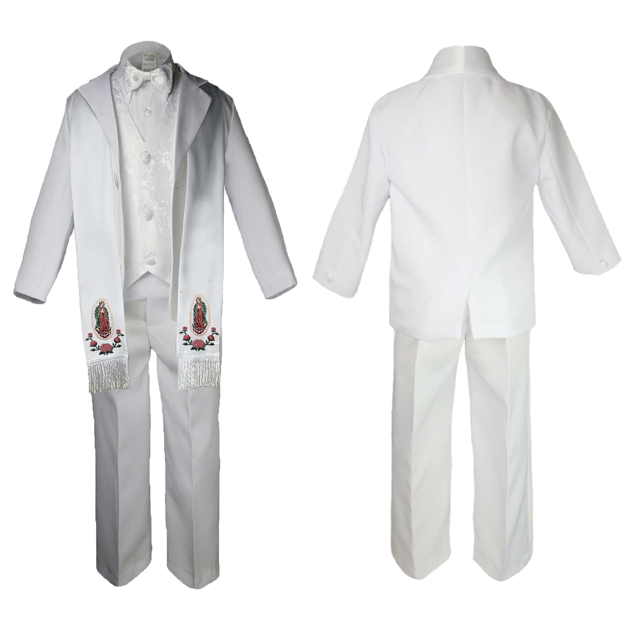 New Born Baby Boy Teen Christening Baptism Formal White Paisley Suit Silver Gold Maria Guadalupe on Stole SM-20