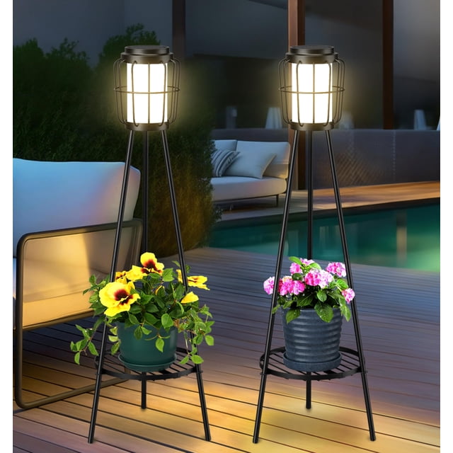 Paquete de 2 lámparas de pie solares VISFLAIR con soporte para plantas de 36 pulgadas