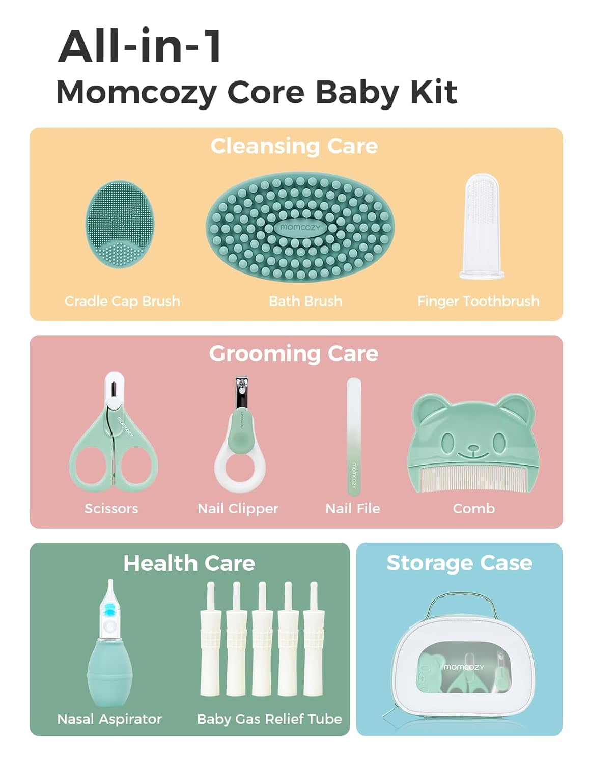 Momcozy Core Baby Kit, Baby Shower & Registry Essential Kit for Grooming Cleansing Care, Includes Nail File Kits, Nasal Aspirator, Bath Brushes, Toothbrush, Comb, Storage Case, etc