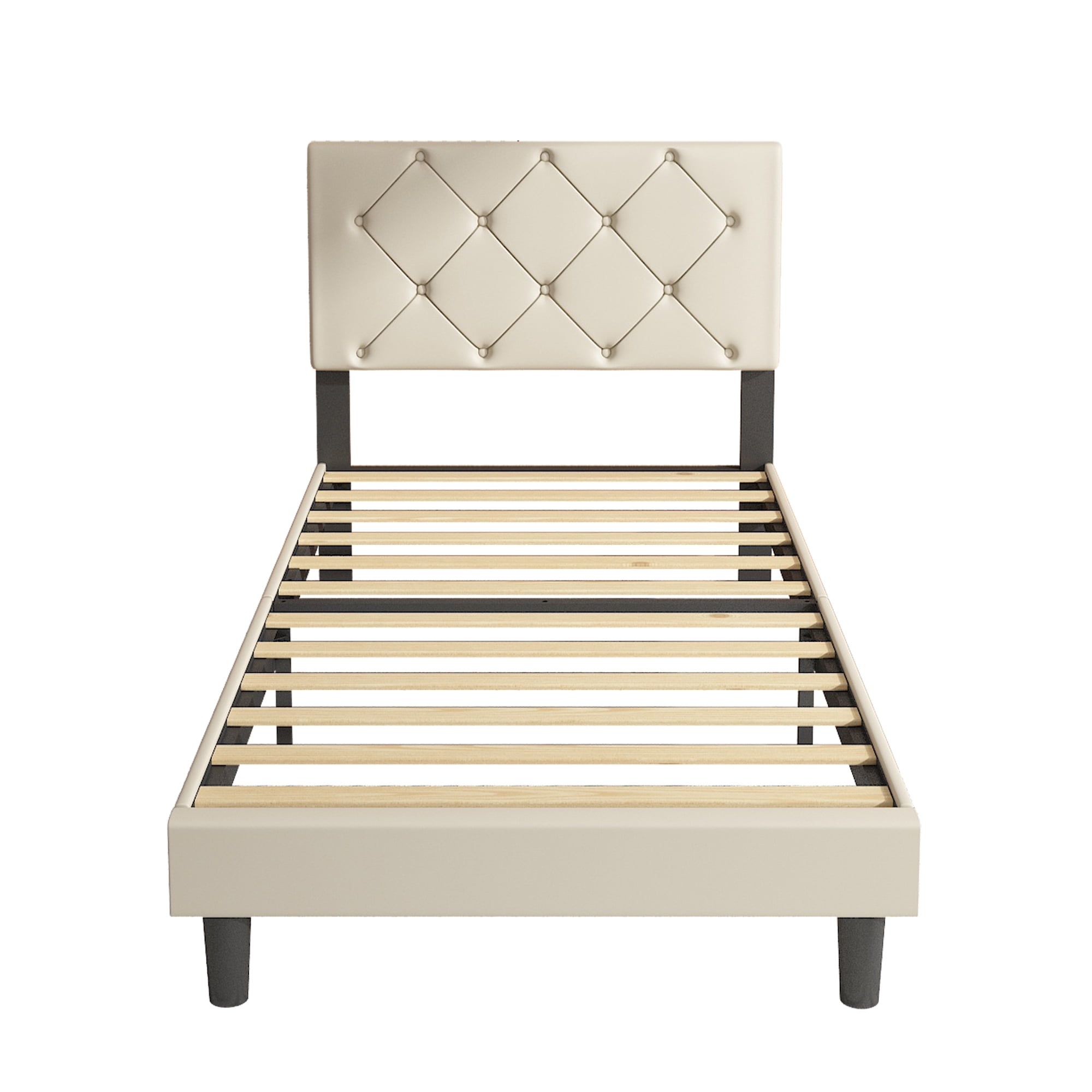 Paproos White Upholstered Platform Bed Twin Size, Modern Faux Leather