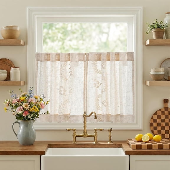 Belrose Linen Floral Kitchen Curtains 24 inch Length Embroidered Farmhouse Cafe Curtains for Living Room Bathroom Small Windows Curtain Set Sheer Light Filtering 2 Panels Ivory