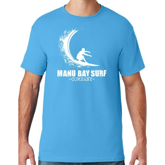 Mens Manu Bay Surf Company WHITE WAVE T-shirt, Medium Aqua Blue