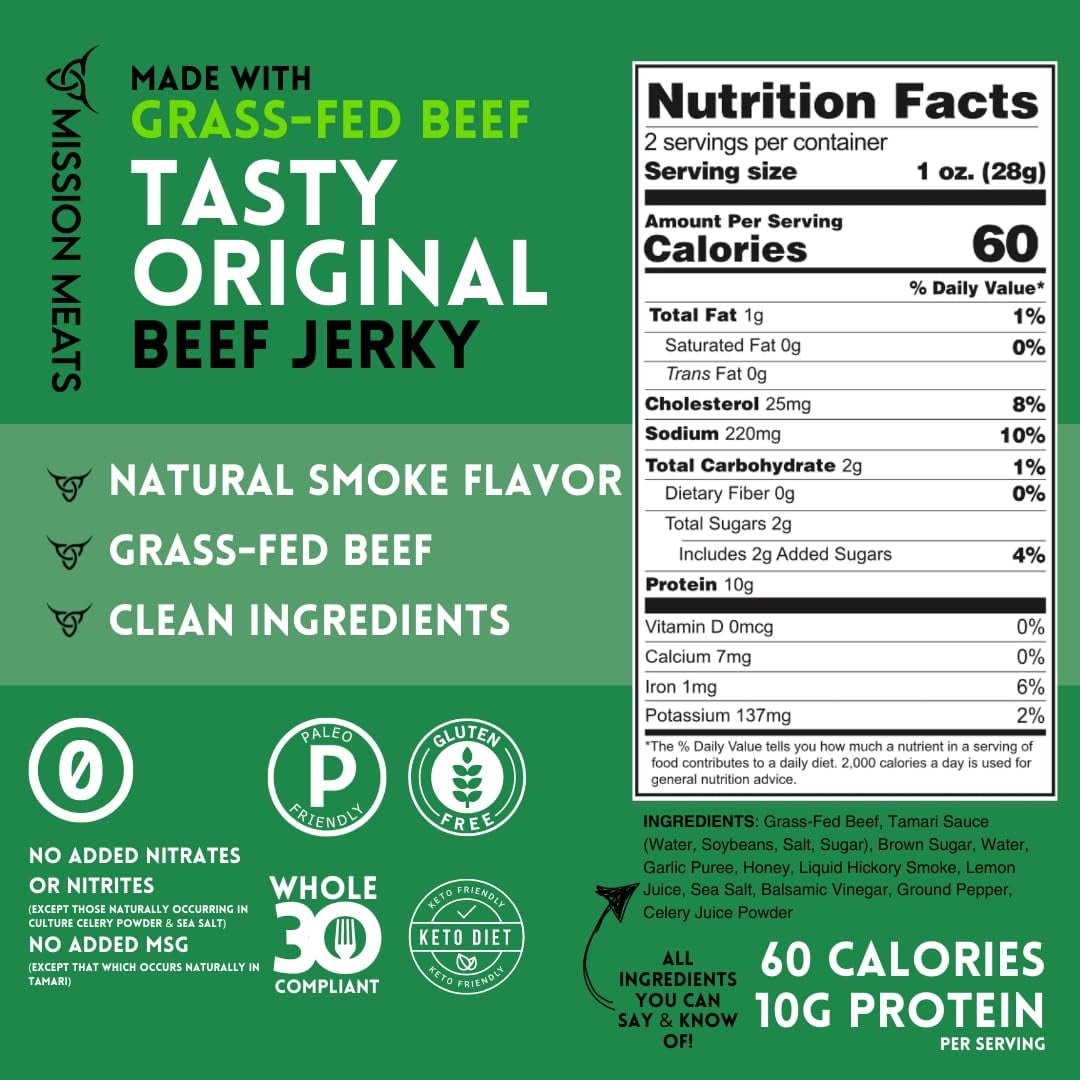 Mission Meats Beef Jerky, Original, 100% Grass Fed Beef, 10g Protein per Serving, Delicious & Tender – Paleo, Keto, Carnivore & Whole 30 Friendly, 2oz Bags (Pack of 3)