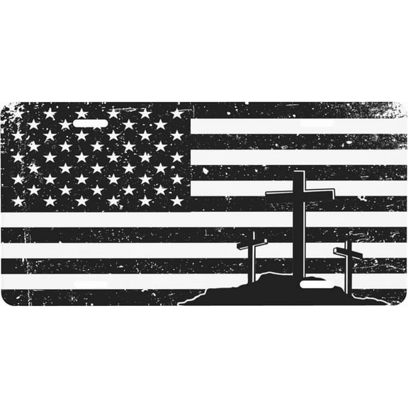 Front License Plate American Flag Cross Vanity Plates Aluminum Metal Decorative Car Tag Novelty License Plate Cover for Men Women ‎6 * 12 in (4 Holes)
