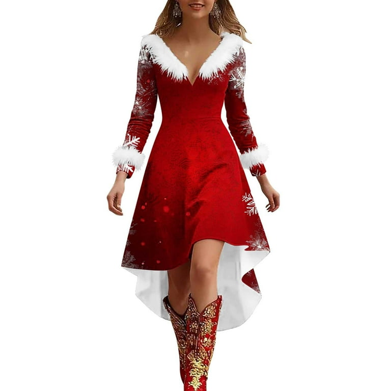 Jsaierl Womens Christmas Dresses Faux Fur Trim V-Neck Party Dress Holiday  Long Sleeve A Line Dresses High Low Swing Dress - Walmart.com