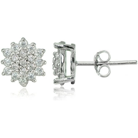Sterling Floral Earrings - CZ Sterling Silver Floral Stud Earrings