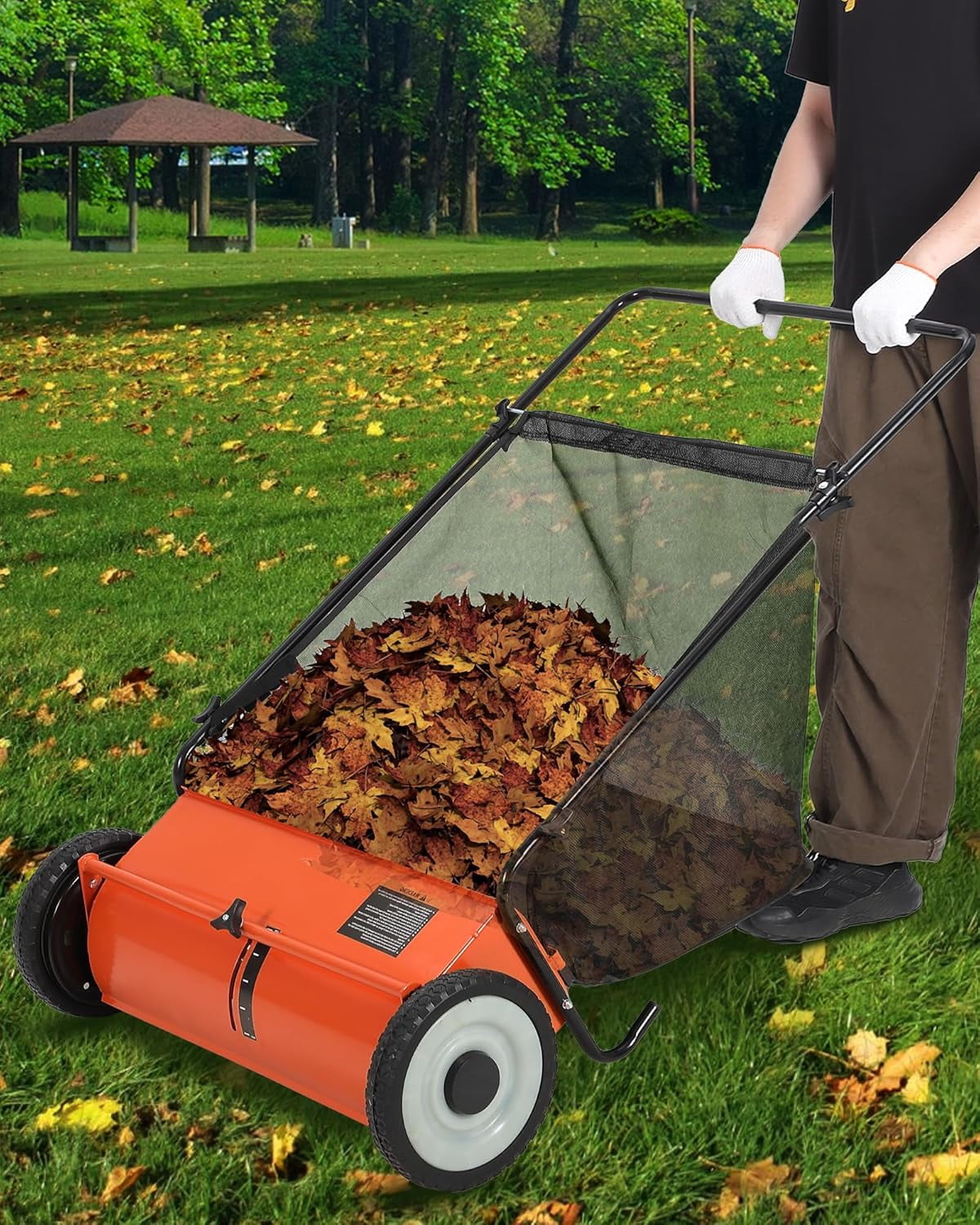 Orange 21-Inch Push Lawn Sweeper, 3.5 Cu. Ft. Hopper Capacity Leaf & Grass Collector with 4 Spinning Brushes, Adjustable Height, for Grass Clippings, Leaves & Debris
