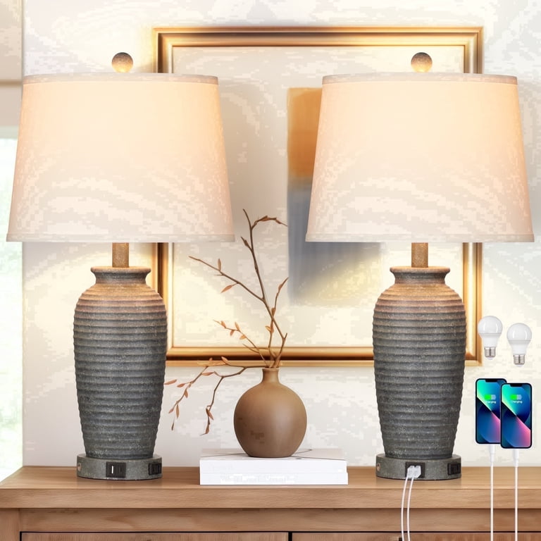 Cinkeda Table Lamps Set of 2, 24", Resin, USB & Outlet photo 1
