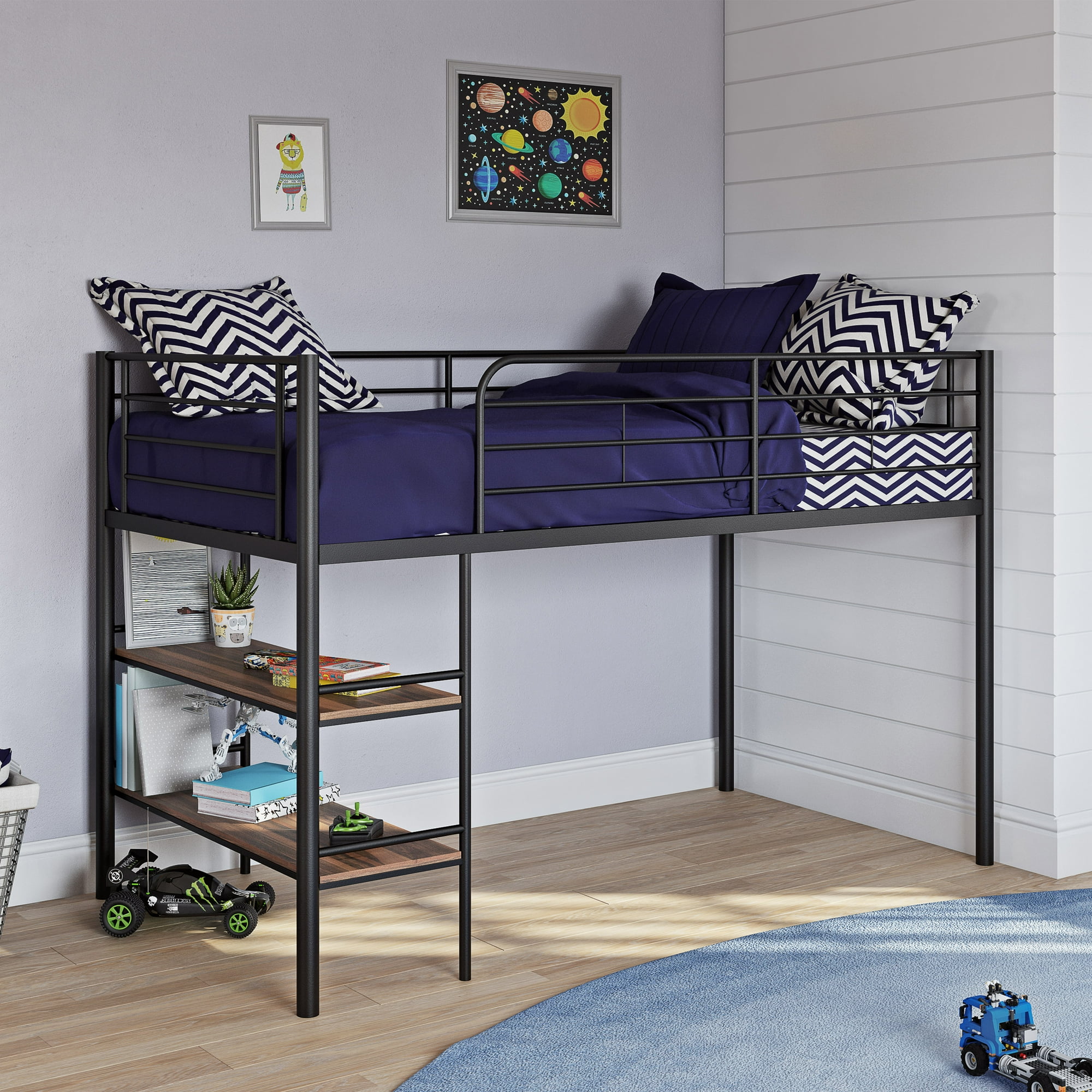 Your Zone Beckett Kids Metal Twin Loft Bed with Open Book Shelf