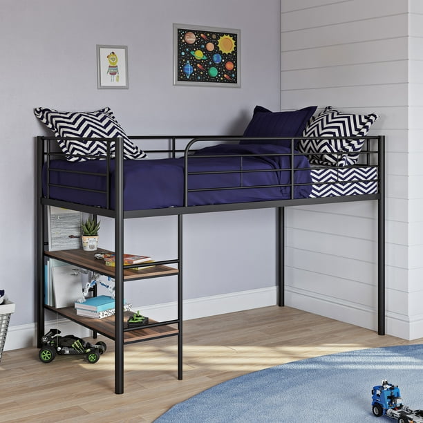 Zone Beckett Kids Metal Twin Loft Bed, Metal Bunk Bed Side Ladder Bookshelf