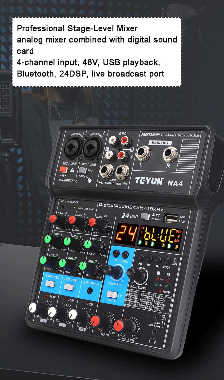 Miumaeov 4-Channel Professional Mini Audio Mixer Bluetooth