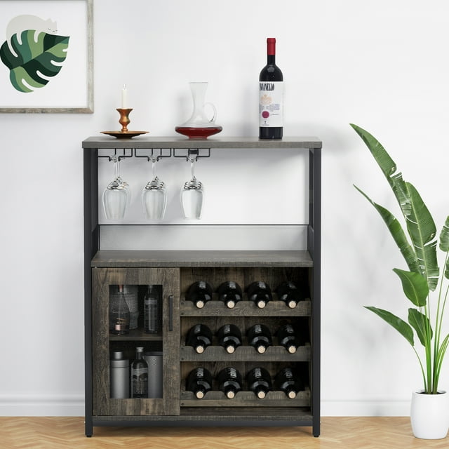 Wine Bar Rack Cabinet with Detachable Wine Rack and Storage, Coffee Bar with Glass Holder, Small Sideboard and Buffet Cabinet with Door, for Kitchen, Living Room