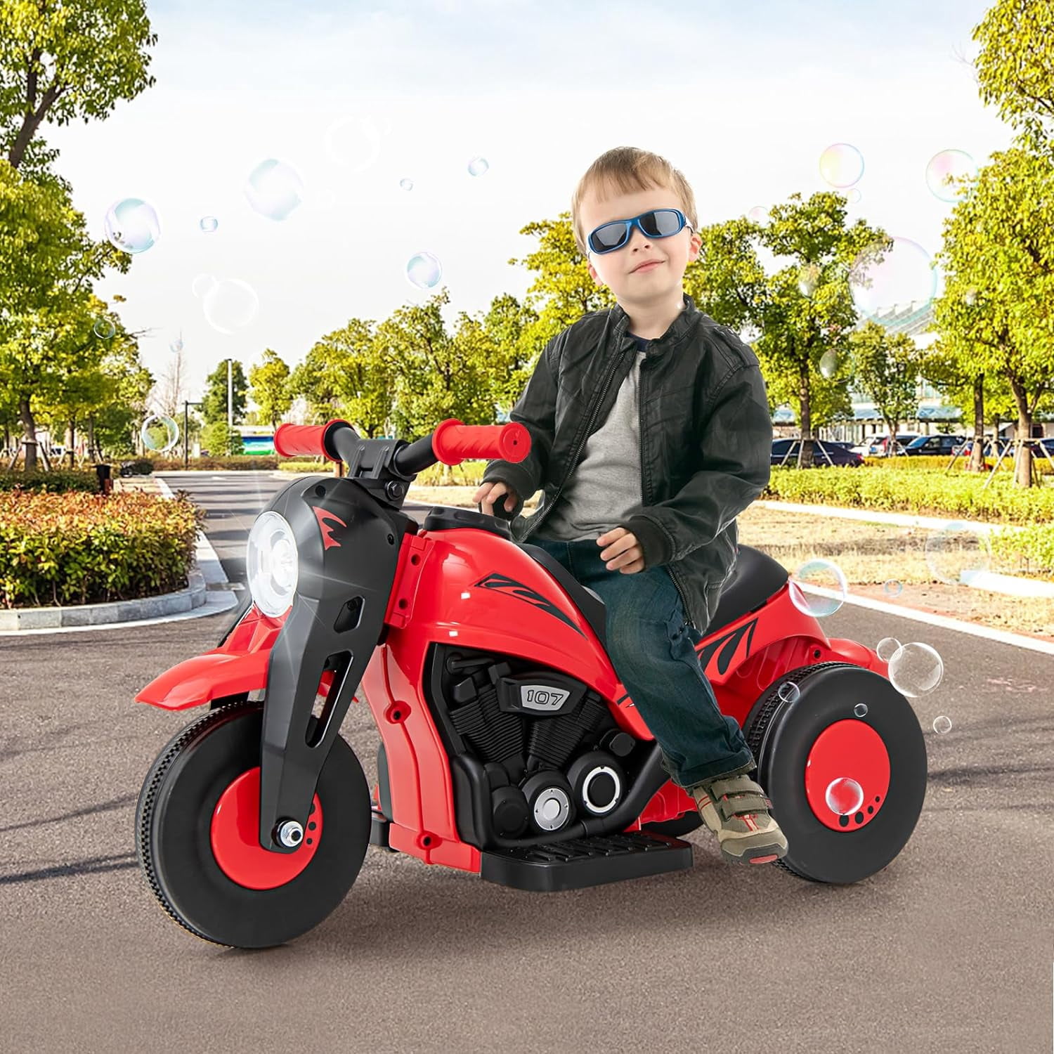 OLAKIDS Kids Motorcycle, 6V Electric Ride On Car with Automatic Bubble Function, Foot Pedal, Headlight, Music, 3 Anti-Skip Wheels Vehicle for Children, Toddler Ages 3+ (Red)
