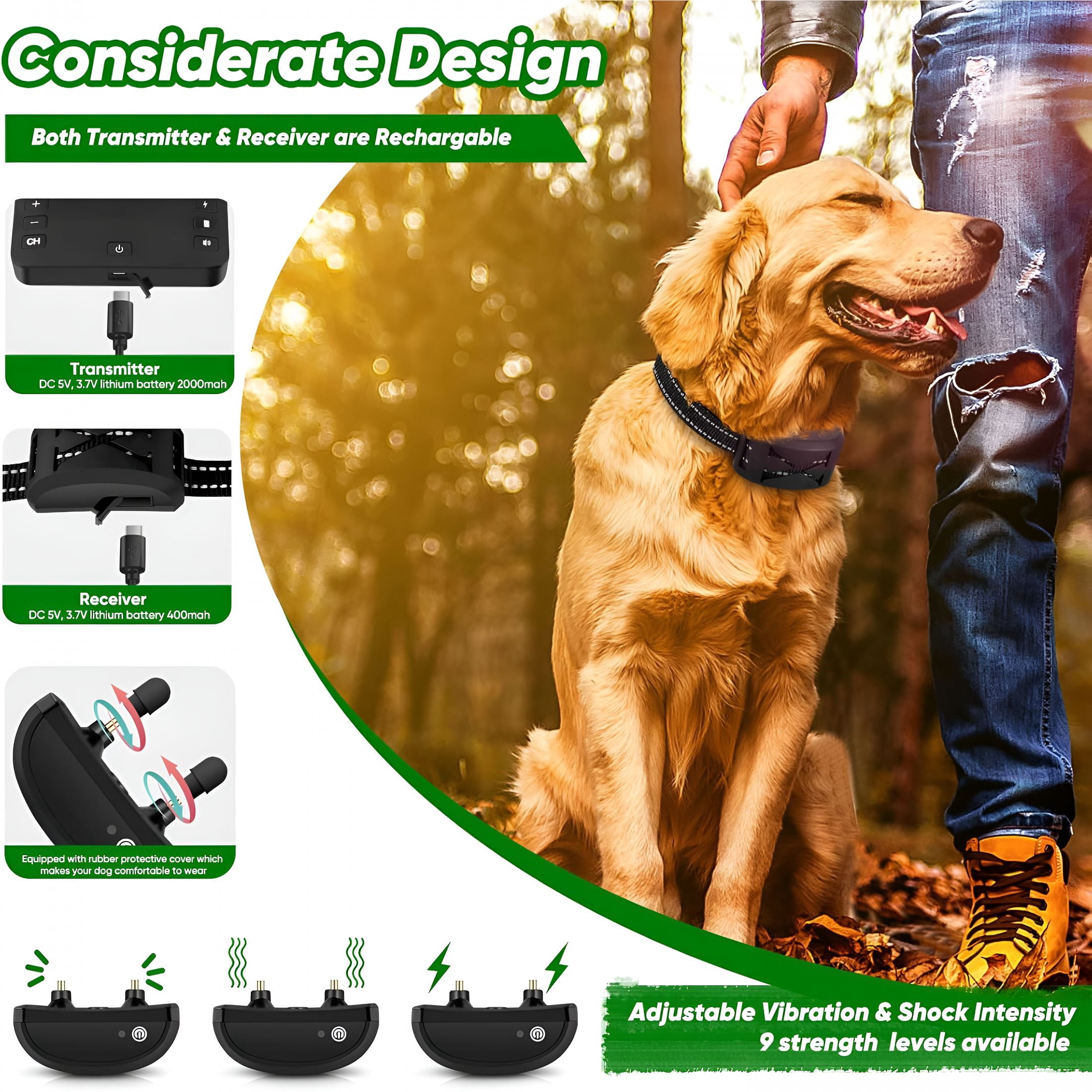 GJX Wireless Dog Fence, Electric Fence for 2 Dogs Shocks Training Collar Remote 2-in-1, Wireless Pet Containment System with Adjustable Vibration & Shock Training Collar for All Dogs