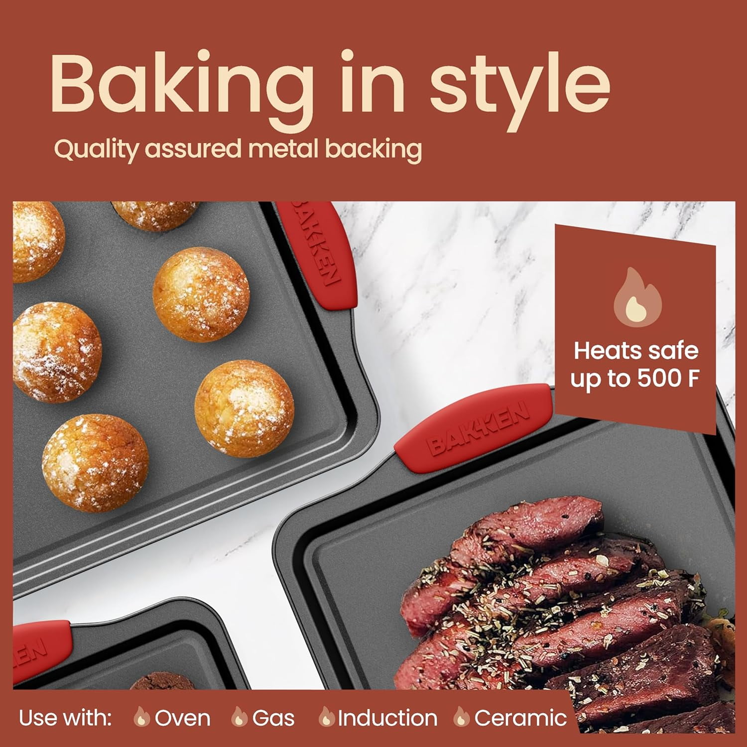 Bakken- Swiss Kitchen Baking Pans - Medium (15.15 × 10.03") and Large (17.1 x 11.8") Nonstick Sheets, Carbon Steel Cookie Sheets with Gray Silicone Handles Oven Safe (450°F), Set of 2