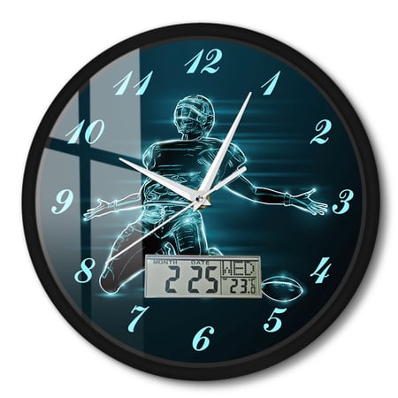 Sliding Celebration Football Player Wall Clock with Built-in LCD Show Temperature Calendar Date Week