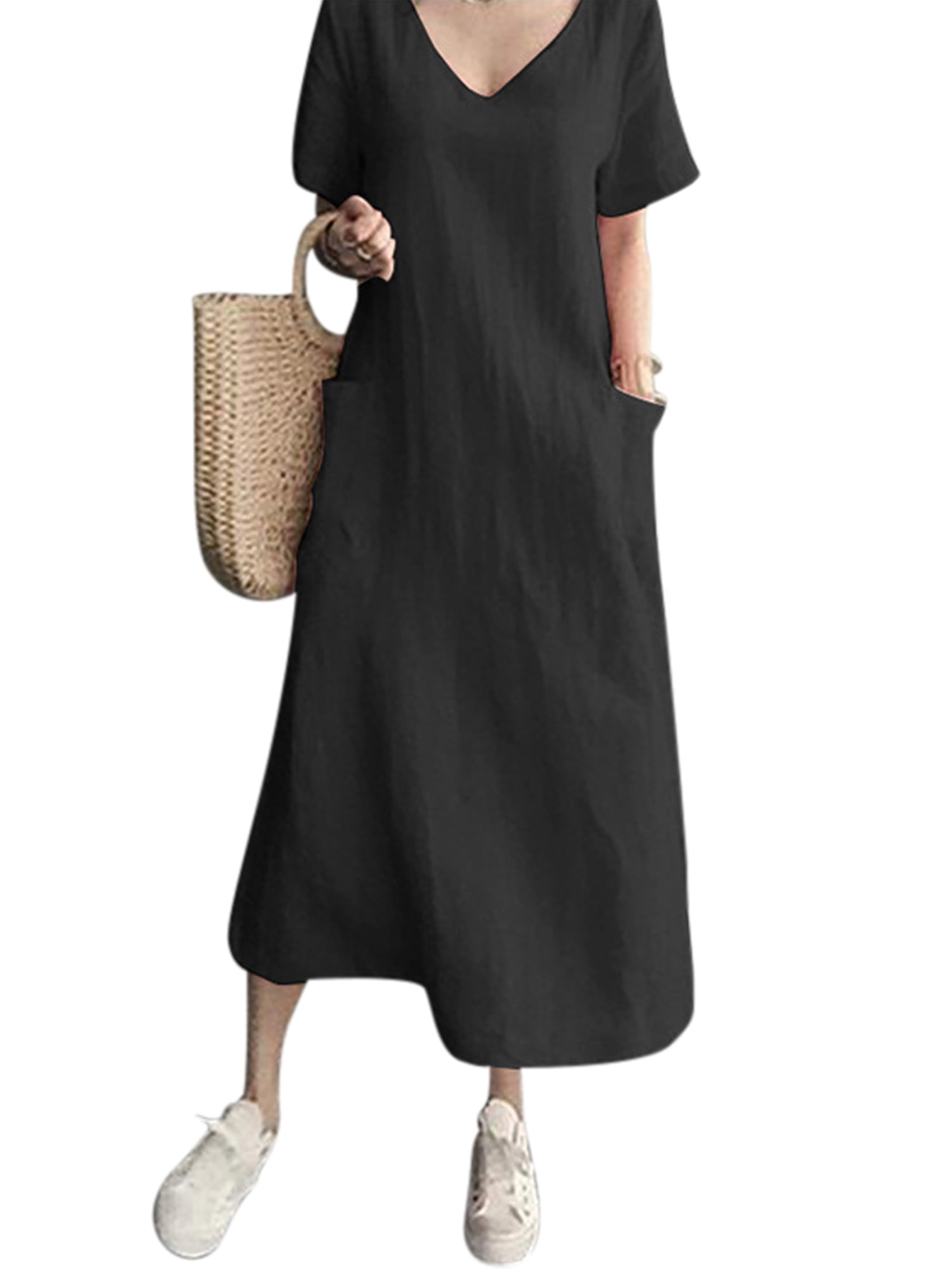 Women Cotton Linen Dresses Plus Size Summer Short Sleeve Baggy Sundress ...