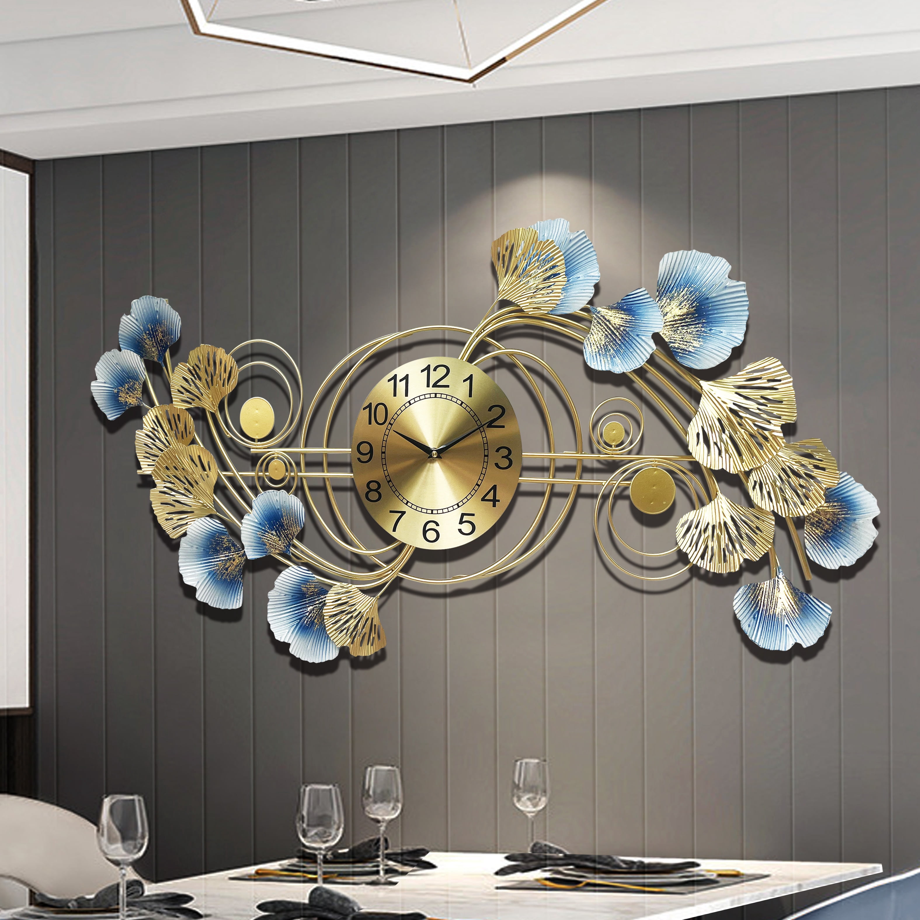 Wall Clocks for Living Room Decor,Large Wall Clock,3D Creative Metal Ginkgo Leaf Design,with Silent Movement Wall Clocks for Home Wall Decor Clock, 17.5 x 33.5 inch