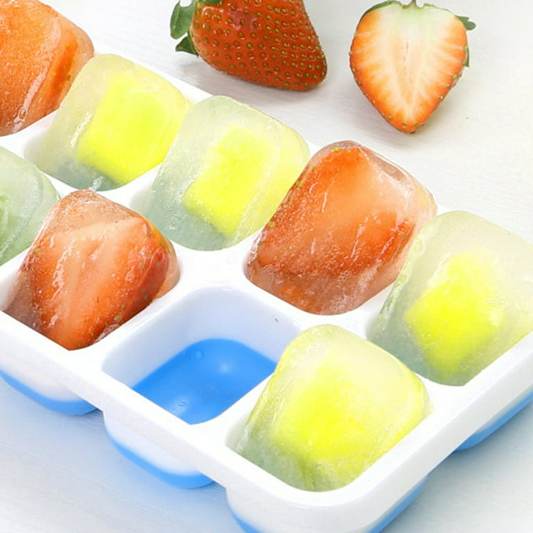 Ice Cube Tray Set With 14 Ice Cubes With Cover Green/ Blue Molds Rubber  Silicone